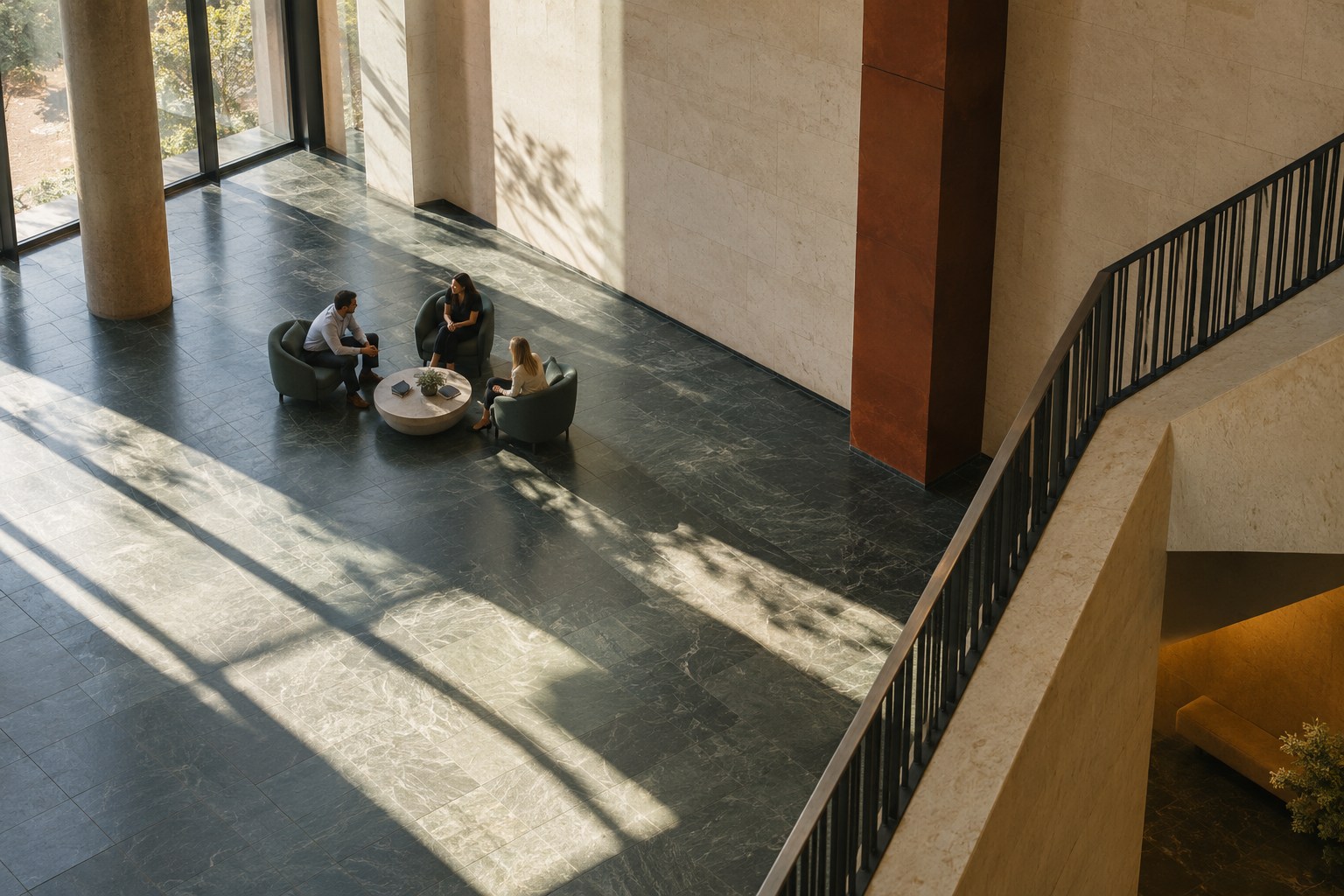 Original illustrative distant view of people in a light-filled architectural space